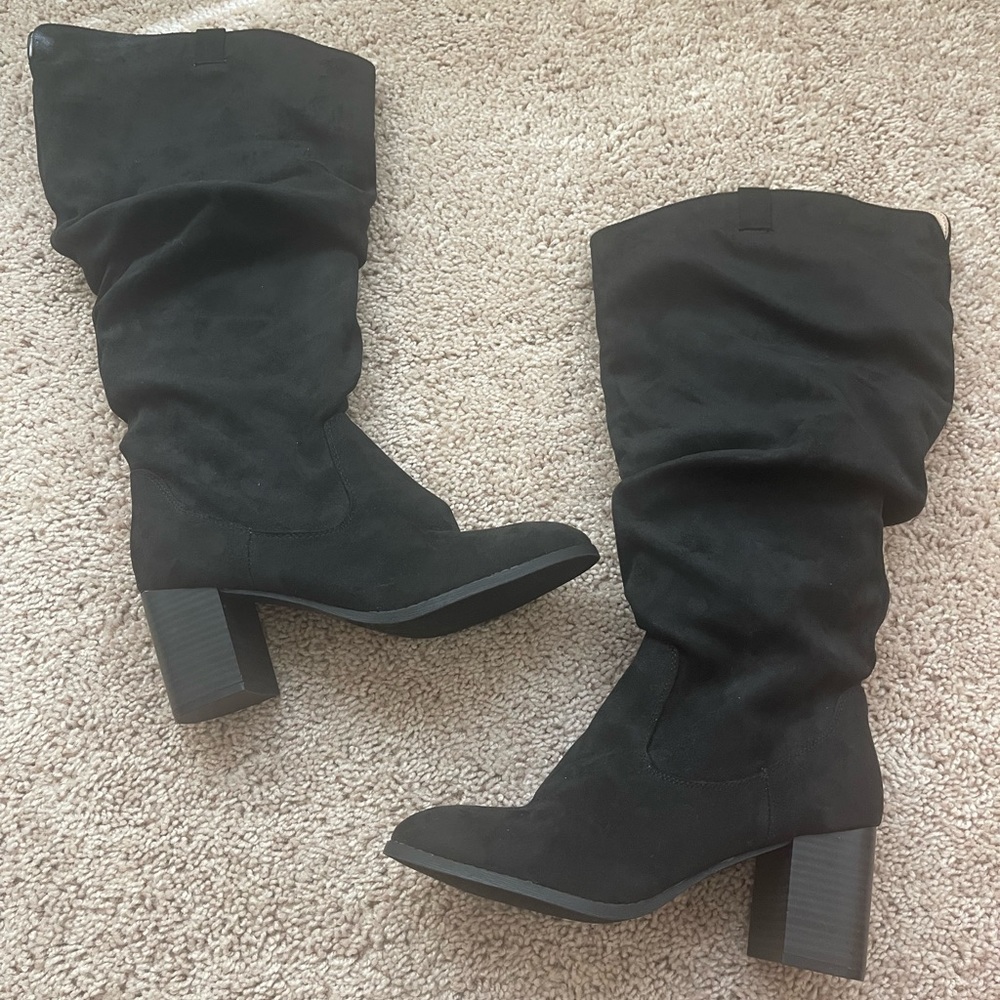 Knee high WIDE CALF black suede heel boots